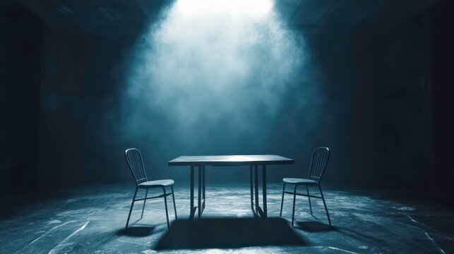 A cold interrogation room with a single bright light overhead casting an ominous glow on a metallic table and chairs, creating an eerie atmosphere , metal table, dark