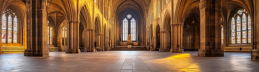 Obraz premium Gothic Cathedral Interior with High Arches and Stained Glass Windows