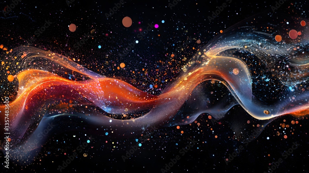 Poster a colorful and artistic abstract image of cosmic energy with sparks and flowing lines and dark backg