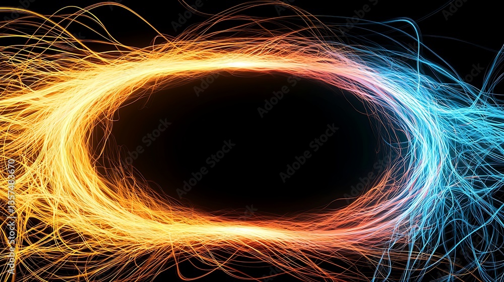 Poster vibrant swirling light trails in dynamic orange and blue colors creating an abstract background effe