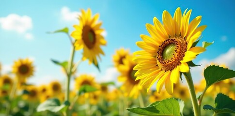 Close-up of a vibrant sunflower in full bloom against a clear blue sky,  rustic,  vibrant