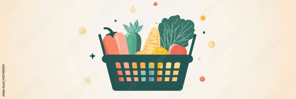 Poster minimalistic illustration of a green shopping basket filled with fresh produce on a soft pastel back