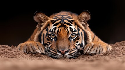 Obraz premium A close-up image of a tiger poised on the ground, showcasing its striking eyes and intricate fur patterns, This powerful visual can be used in wildlife conservation materials, educational content