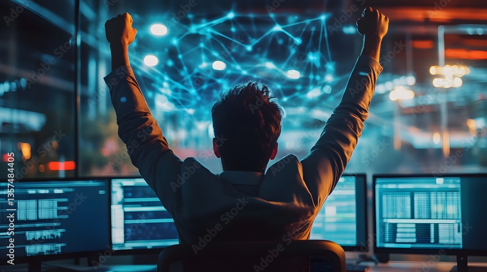 Poster man in front of multiple monitors celebrating success with raising hands