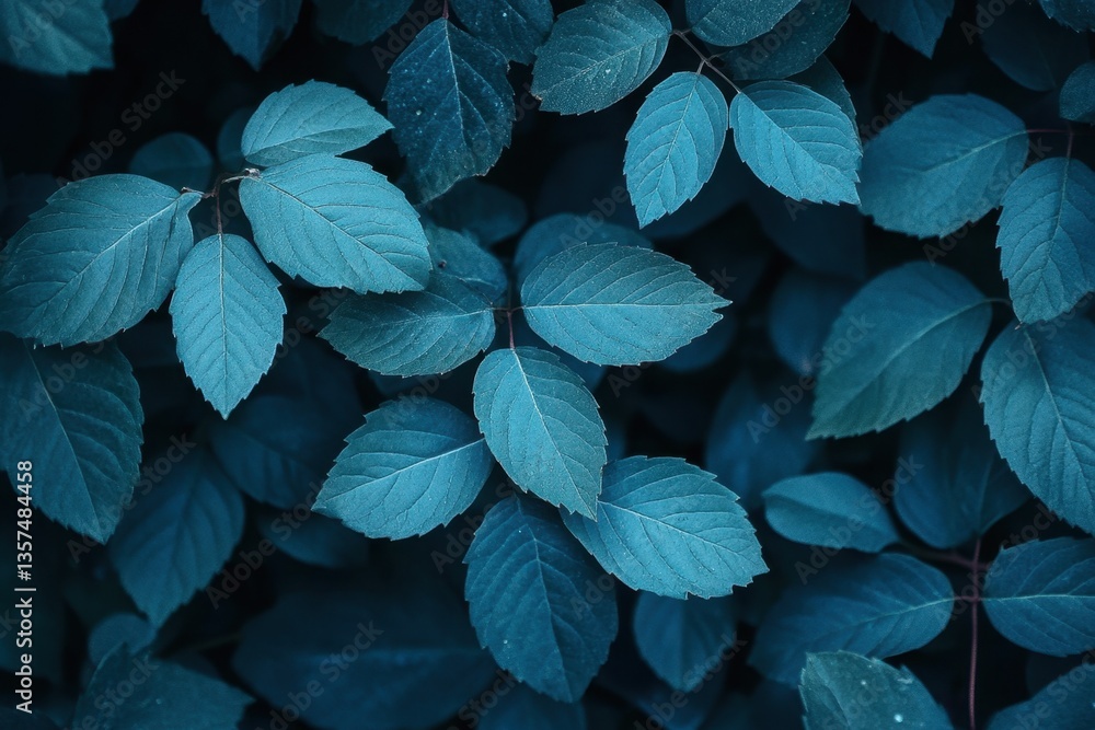 Poster moody close up of blue leaves creating a natural pattern in a dark botanical garden setting with a t