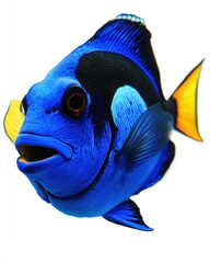 Naklejka premium Vivid blue tang fish swimming gracefully in clear ocean water against a bright white background