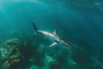 Fototapeta premium A Belted Bonito Fish Swimming In Clear Water, Sleek And Fast, Ocean Backdrop