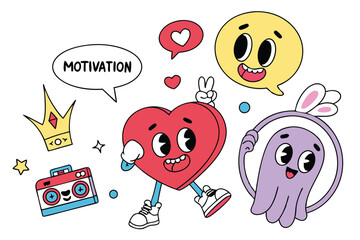 51 Colorful cartoon stickers, cute character designs, playful typography, red heart mascot, blue ghost, yellow smiley face, peace sign hand, crown icon, purple bunny, motivation phrases, retro style g