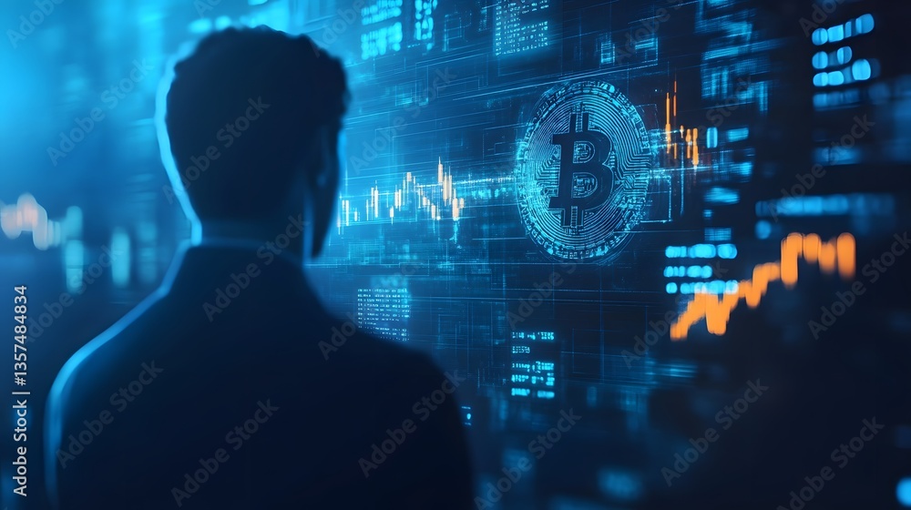 Poster a man standing in front of a digital bitcoin trading interface