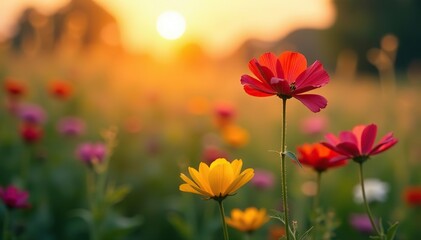 Close-up of colorful wild flowers in a meadow during sunset, blurred background,  sunset,  blooming