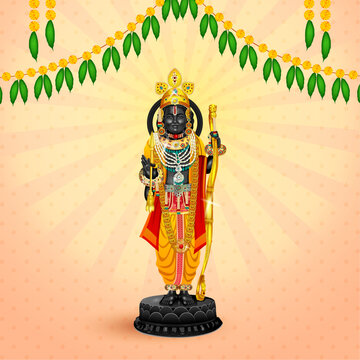 illustration of Lord Rama with bow arrow with Hindi text meaning Shree Ram Navami celebration background for religious holiday of India