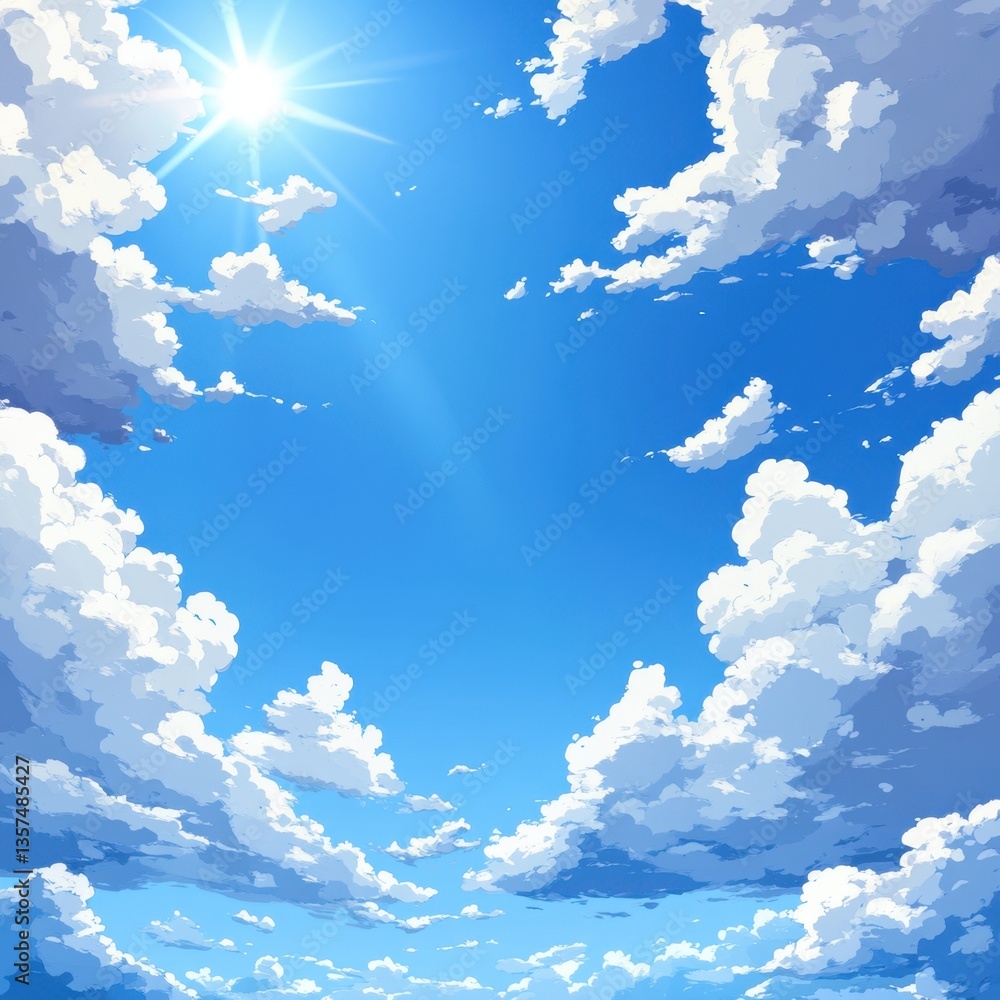 Poster radiant sky with fluffy clouds and bright sunlight creating a serene and uplifting atmosphere perfec