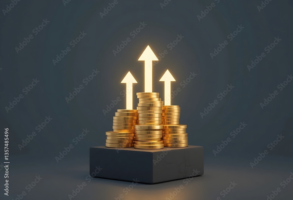 Poster stacks of gold coins on a gray platform with three glowing arrows pointing upwards in a dark backgro