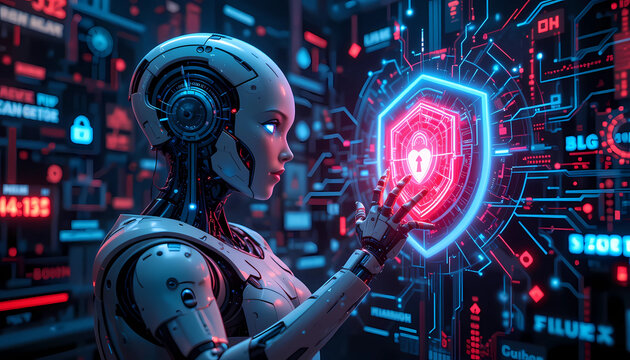 A futuristic AI robot with a glowing security shield scans cyber threats in a digital world filled with malicious viruses and hacking attempts