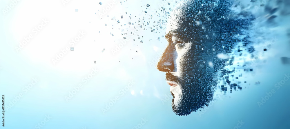 Poster abstract digital human face made of blue pixels against a light background representing artificial i