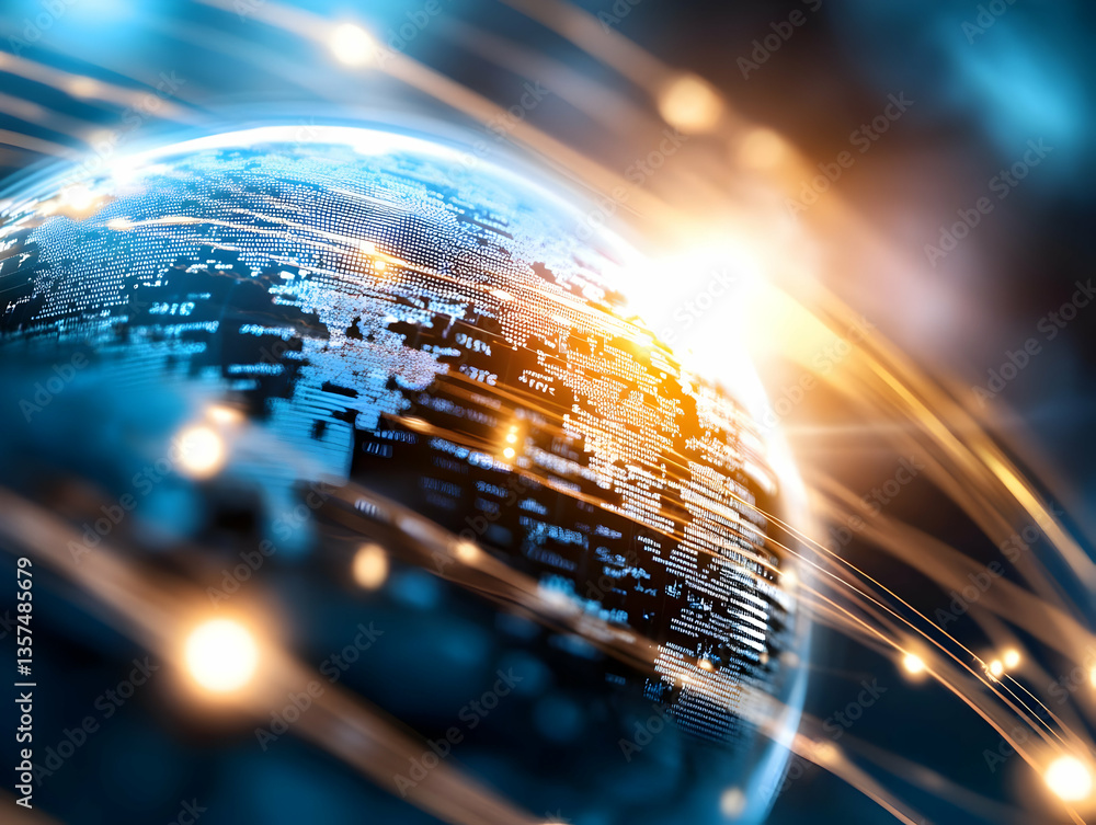 Poster abstract digital globe with glowing network connections representing global technology and internet 