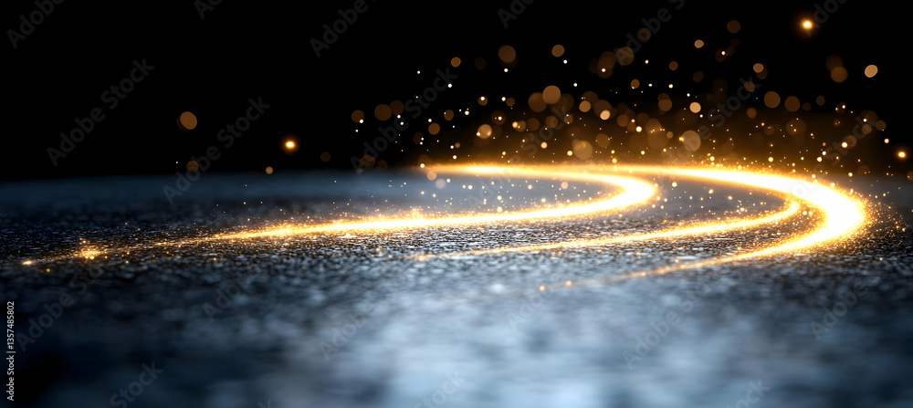 Poster abstract glowing light trail with golden sparkles on a dark background emphasizing shine and eleganc