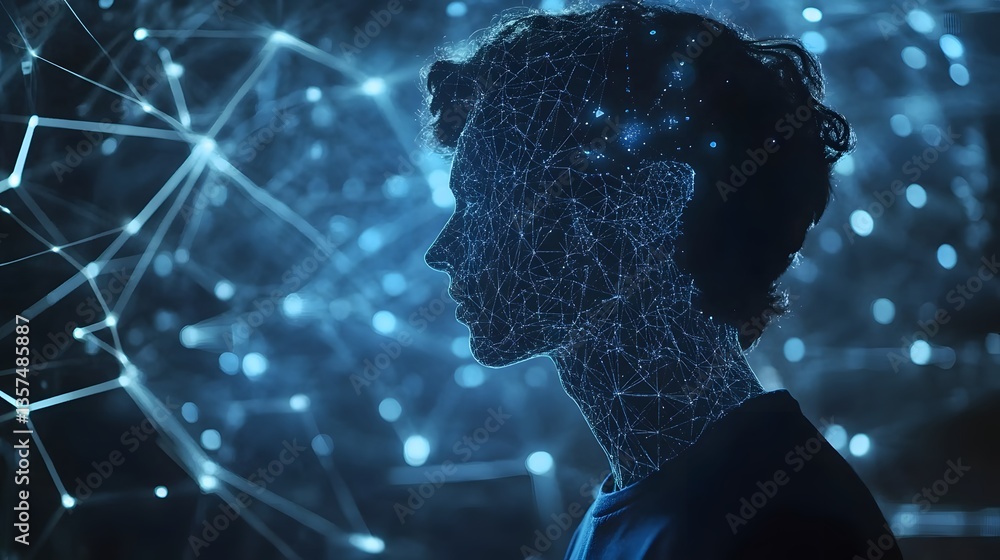 Poster a silhouette of a person with an illuminated network pattern. this image portrays a fusion of human 