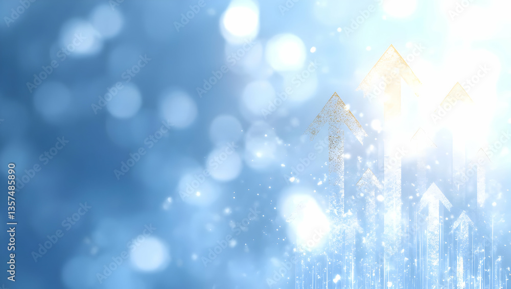 Poster abstract golden arrows pointing upward on a blurry blue bokeh background with a light flare effect f