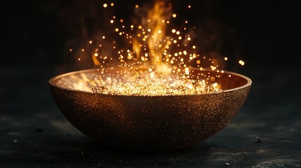 Glowing embers in bowl, dark background, food photography