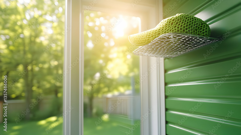 Poster abstract green spheres on textured green wall with window and sunlight creating a modern geometric d