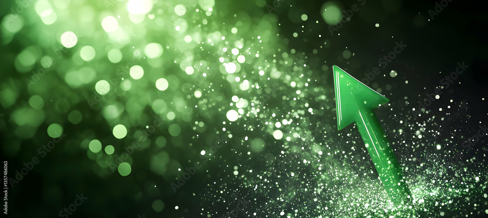 Poster abstract green upward arrow with sparkling particles on dark background symbolizing growth success a