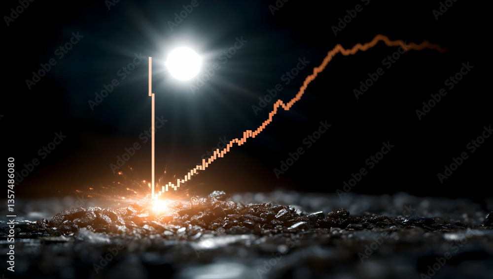 Poster abstract growth graph ascending over rough ground in dark tone with bright light source in backgroun