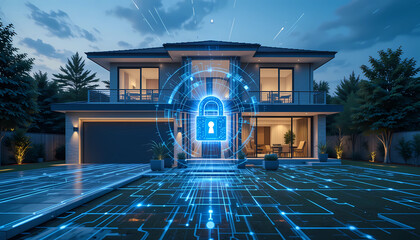 A smart home protected by an invisible digital security grid, AI cameras, encrypted data streams, and a glowing holographic lock over the house