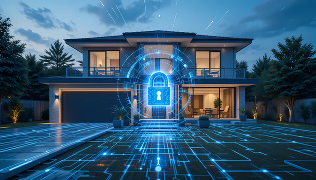 A smart home protected by an invisible digital security grid, AI cameras, encrypted data streams, and a glowing holographic lock over the house