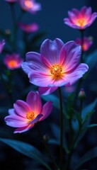 Fototapeta premium Close-up of glowing bioluminescent flowers in a futuristic indoor garden, glow, close-up