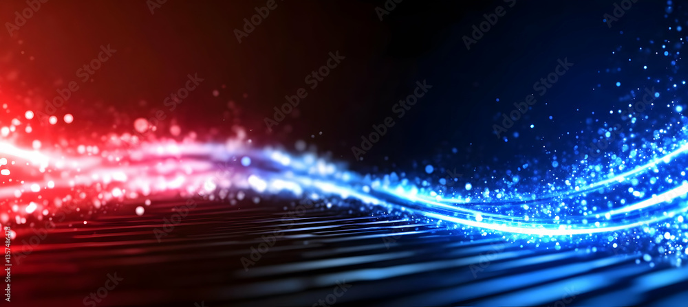 Poster abstract red and blue light trails with bokeh effect on dark surface background