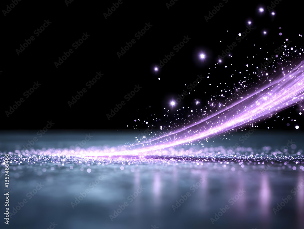 Poster abstract shimmering light streaks and glittering particles on smooth surface with dark background cr