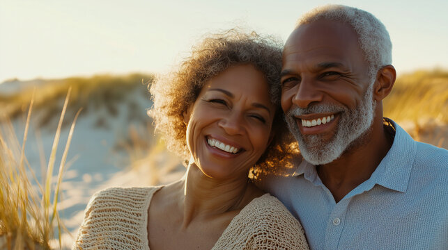Mixed race couple, Portrait in the dunes of a pleased senior couple. Active lifestyle at elderly age, outdoor activity for retired people. Healthy lifestyle for aged people. Mockup for life insurance,