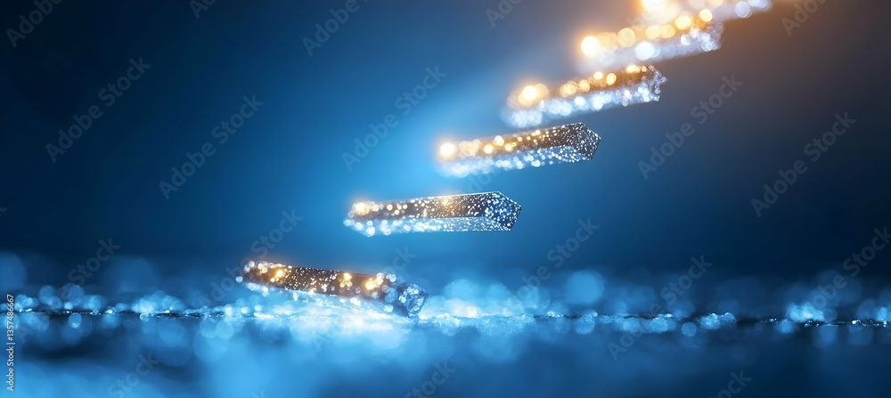 Poster abstract stairway with metallic blue and golden lights on dark blue background with blurred bokeh ef