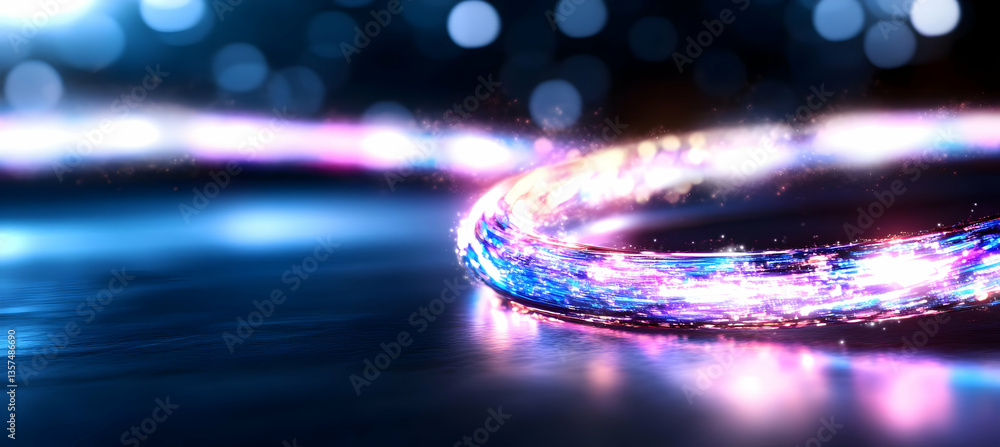 Poster abstract twirling particle stream with pink and blue hues on dark background with bokeh lights moder