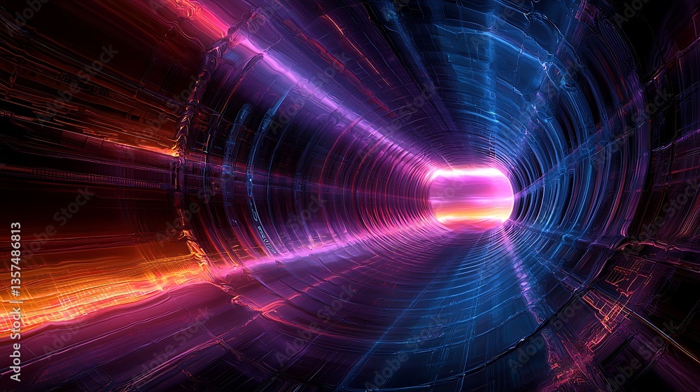 Poster colorful abstract light tunnel with bright glowing lines and gradients in a futuristic style