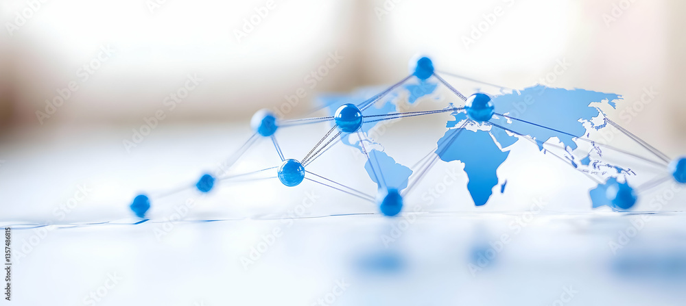 Poster abstract world map network with blue connections on white surface representing global business techn