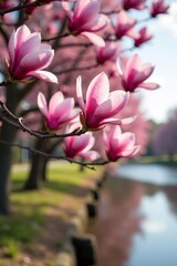 Close-up of pink flowering magnolia tree by Cape Fear River; Fayetteville, North Carolina,  serene,  trees