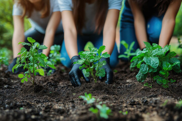 A dynamic representation of teenagers engaging in gardening activities, promoting environmental awareness