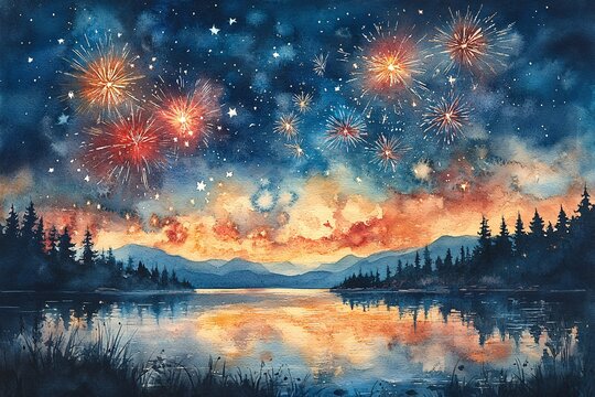 Fourth of July Festivities Illustrated in Vibrant Watercolors with Fireworks and Flags