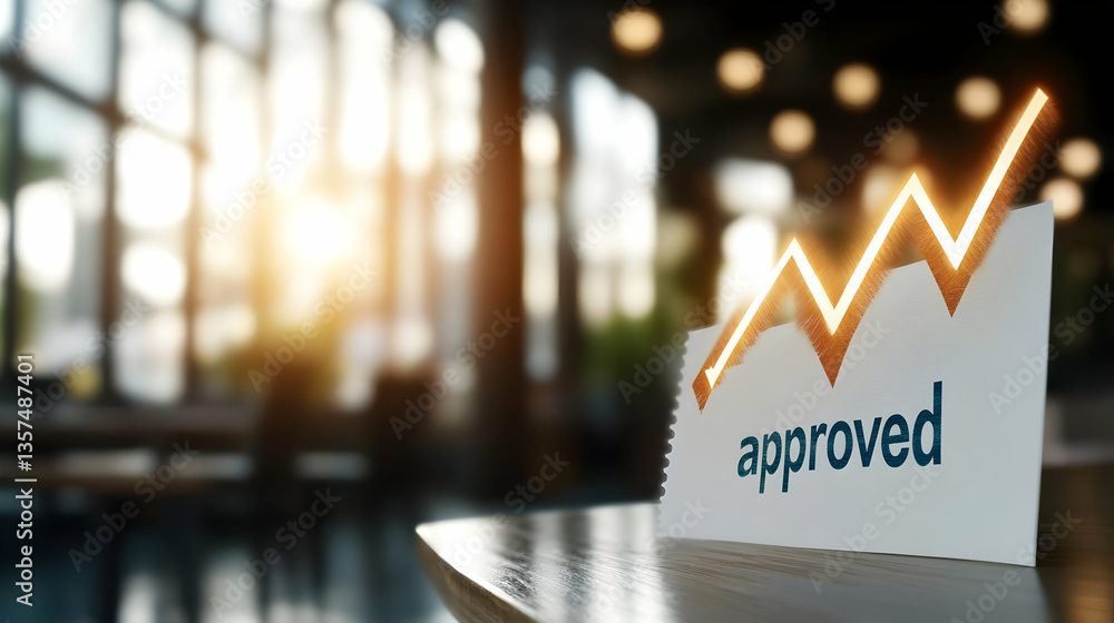 Poster approved business chart on paper with upward arrow on a bright table in a cafe setting showcasing su
