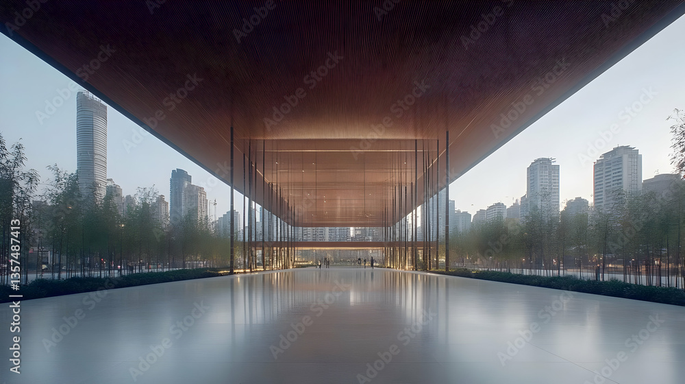 Poster architectural design of a modern open building with a geometric ceiling in a city landscape with tal