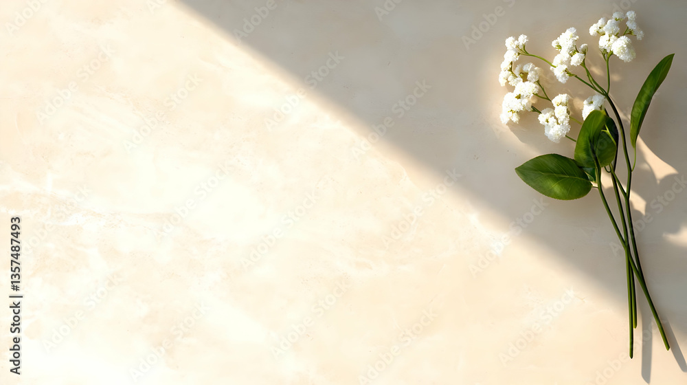 Poster artificial baby's breath flowers on beige textured surface with morning light and shadows showing pi