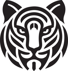 Naklejka premium Tribal Tiger Head: A bold, black and white tribal design of a majestic tiger head, its fierce gaze and intricate patterns embodying strength, power, and artistic flair.
