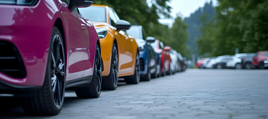 Array of Cars Parked Along Street Featuring a Pink Vehicle in Focus Showing Wheel and Side View in a Row on a Wet Concrete Surface with Blurred Background Landscape and Other Cars