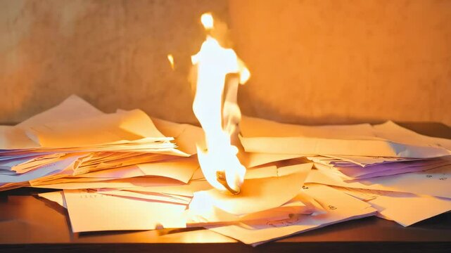 Dramatic ignition of documents: flames engulfing stacked papers in rapid succession