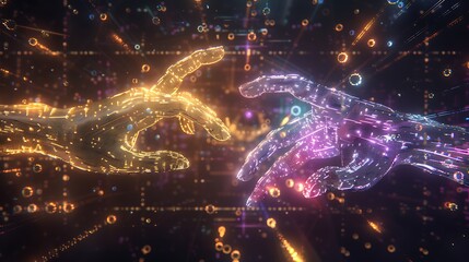 Fototapeta premium Two translucent AI-generated hands sculpted from radiant golden and violet data particles