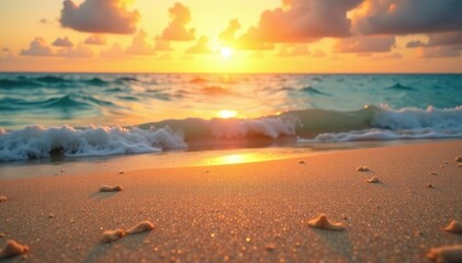 Closeup of textured sea sand on a tropical beach at sunset with golden sky, creating a tranquil and relaxing summer mood,  horizon,  travel