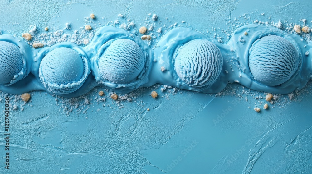Poster Delightful Blue Ice Cream Scoops on a Textured Background Capturing a Refreshing and Sweet Dessert Concept in a Flat Lay Style