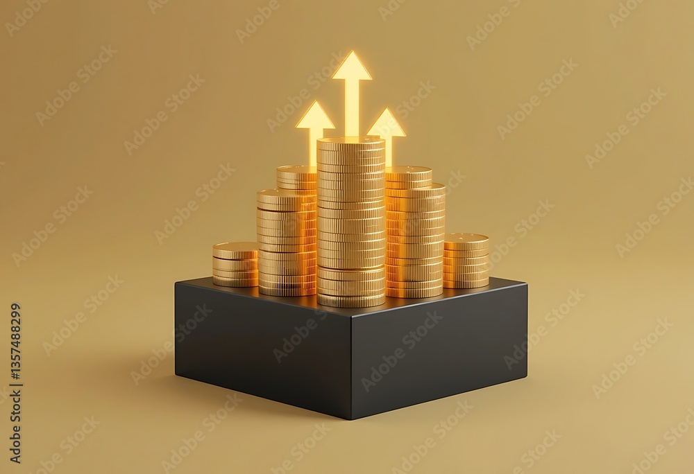 Poster gold coins stacked on a black platform with arrows pointing upwards on a gold background render